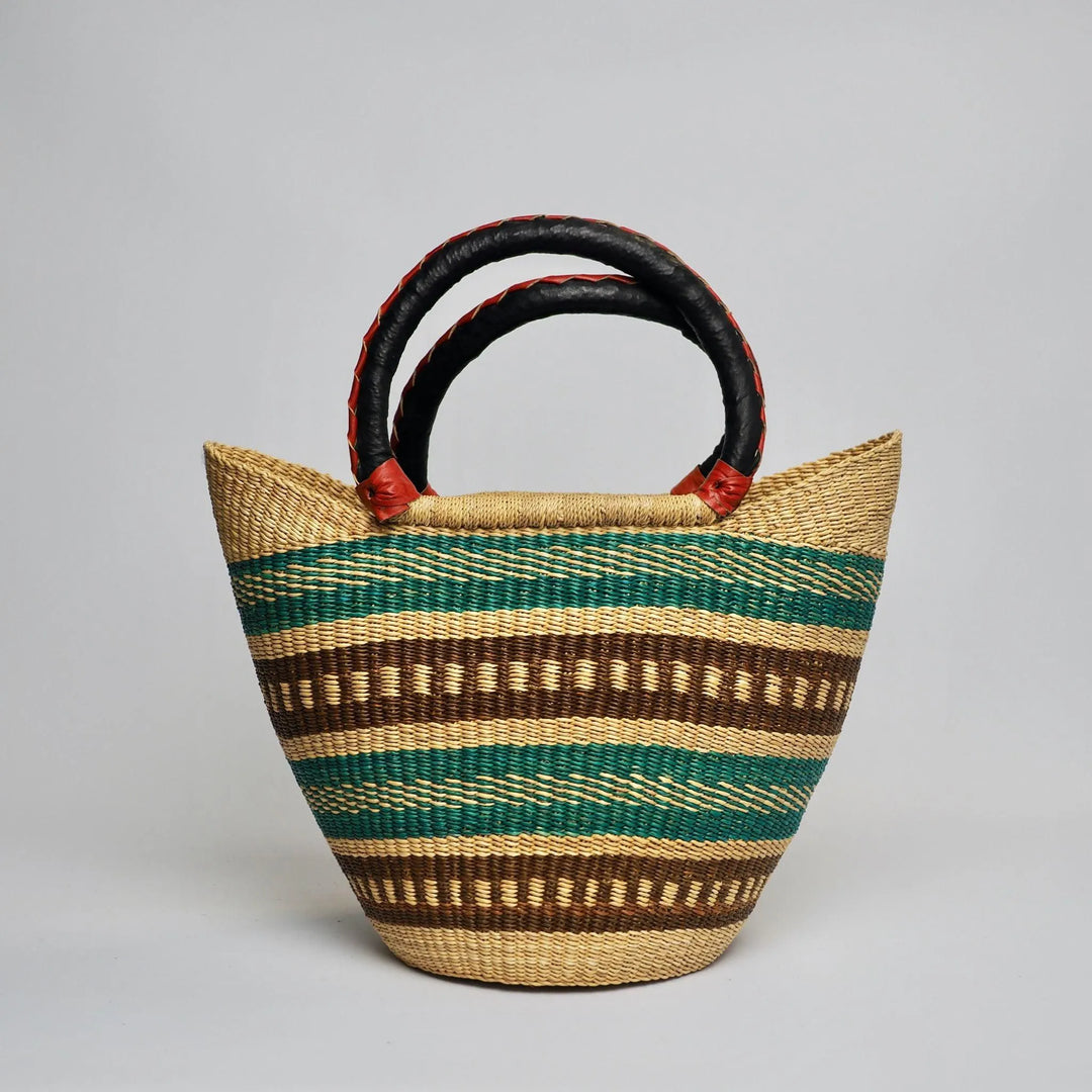 Small U Shopper Basket in brown and teal stripes and leather handles