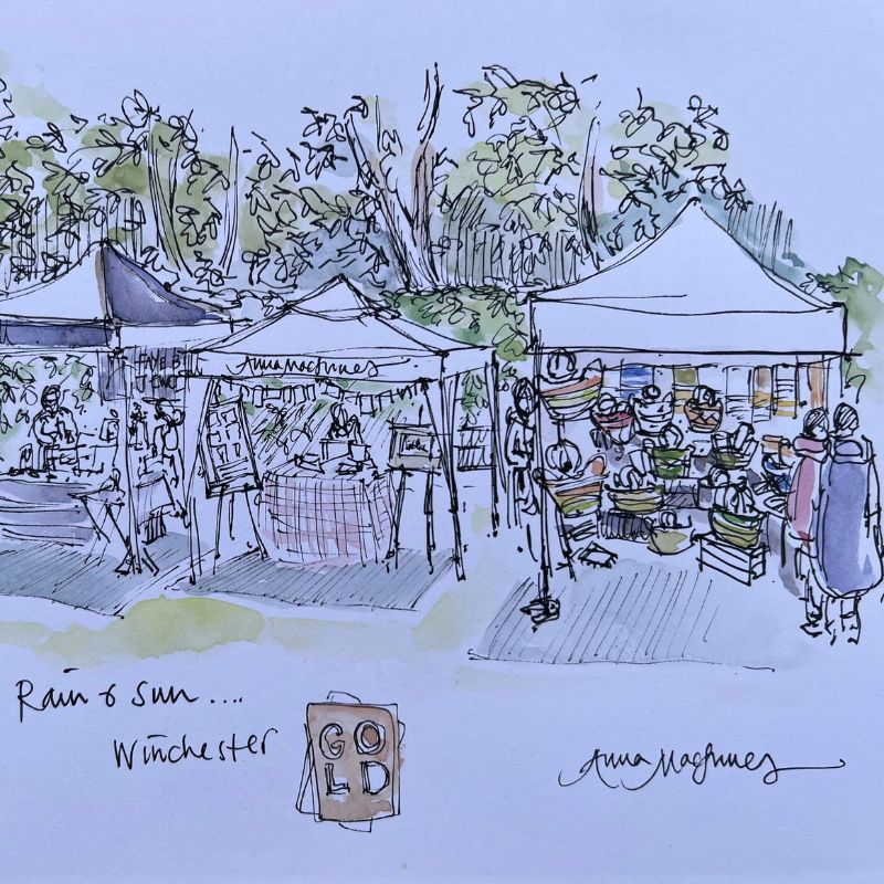Artists impression of Lorima stall with baskets and people.