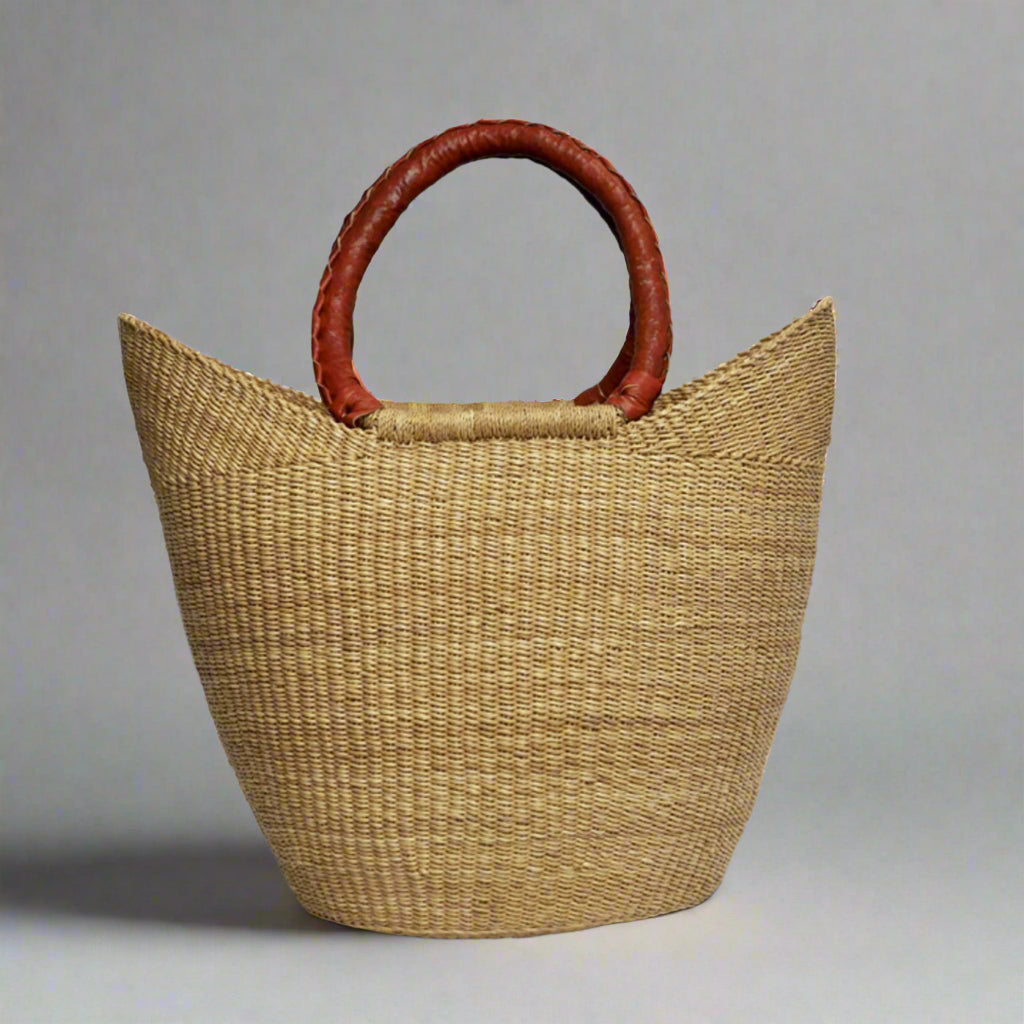 Neutral Ghanaian Basket with Tan Leather Handles