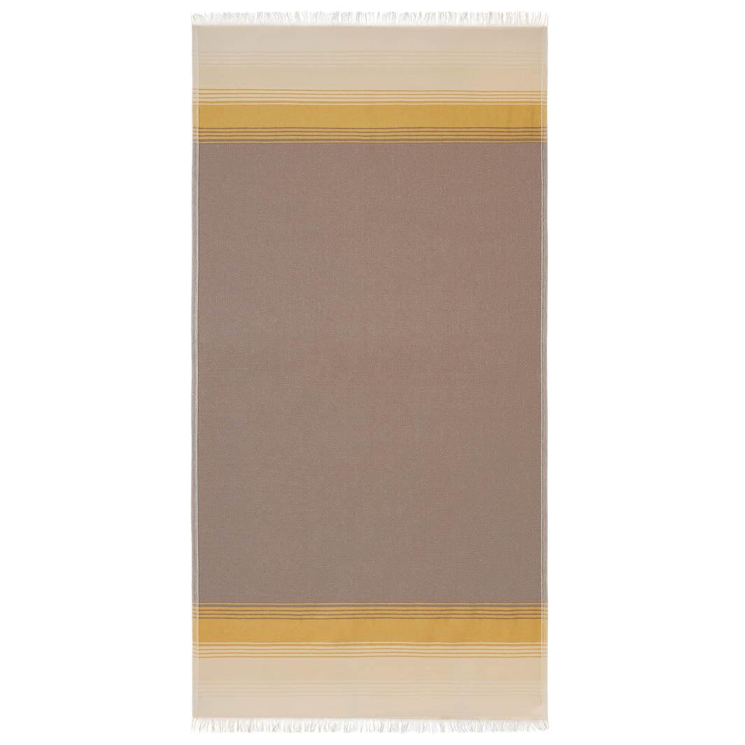 Full size image of Fiesta hammam towel, shown in earthy taupe and mustard.