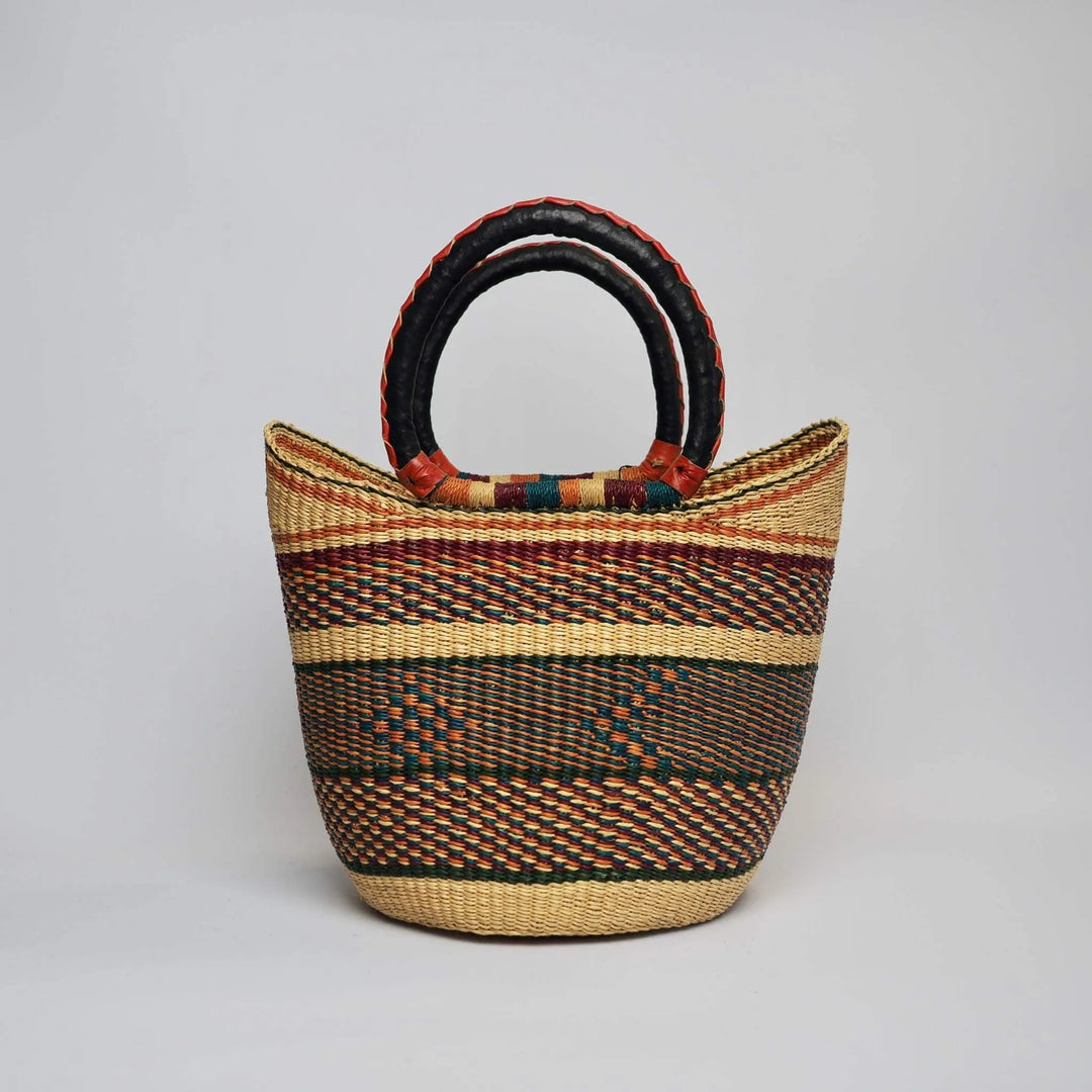 Shopper Basket in earthy tones and intricate pattern with leather handles