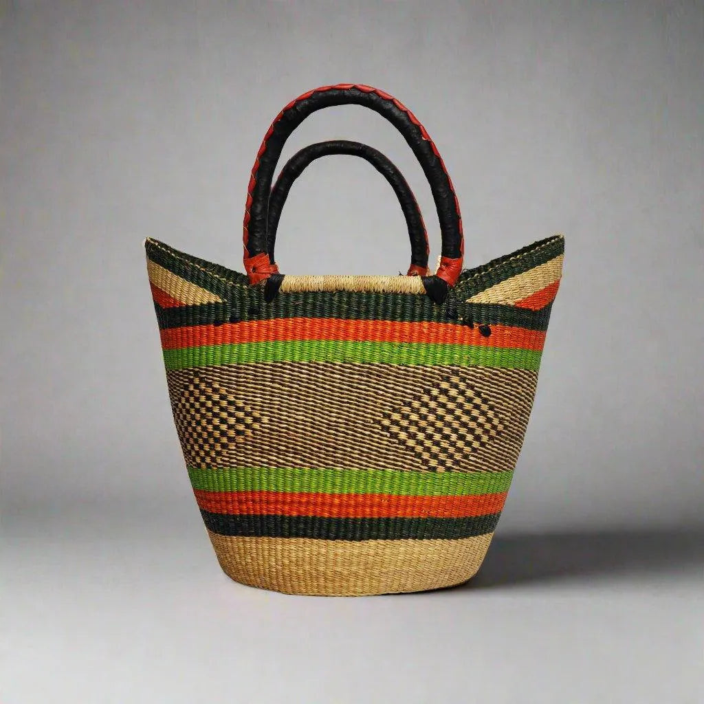 Large U Shopper Basket Orange and Green Stripes with Leather Handles