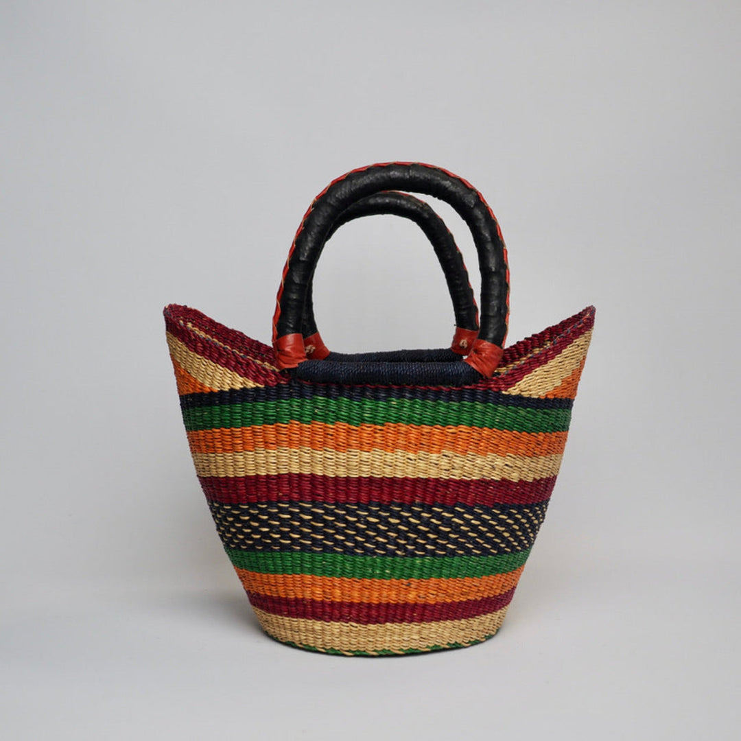 Small U Shopper Basket in Red Orange and Green with Leather Handles