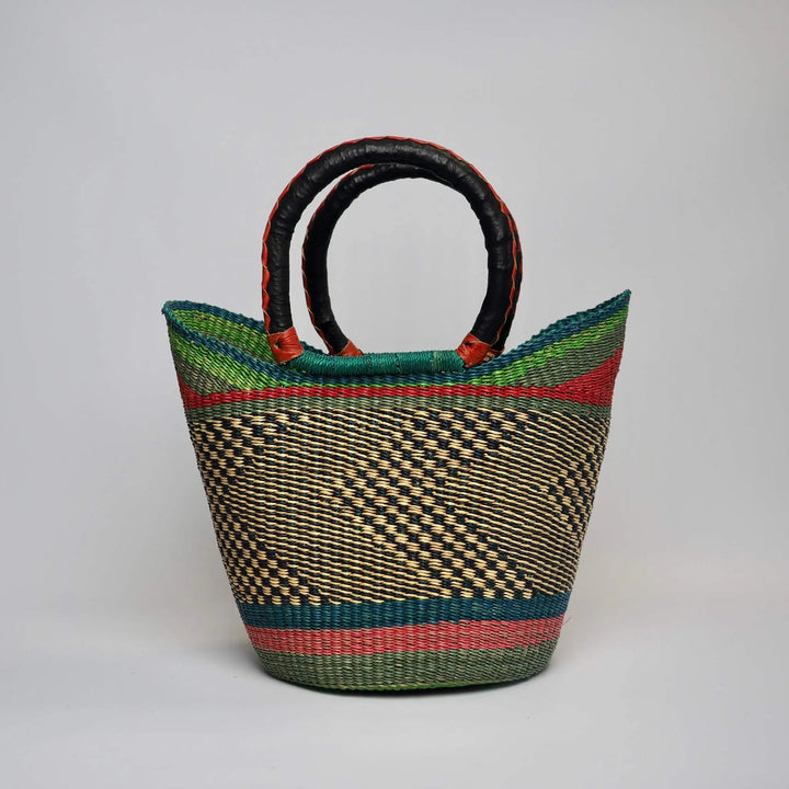 Shopper Basket in shades of green and red with black leather handles and tan trim