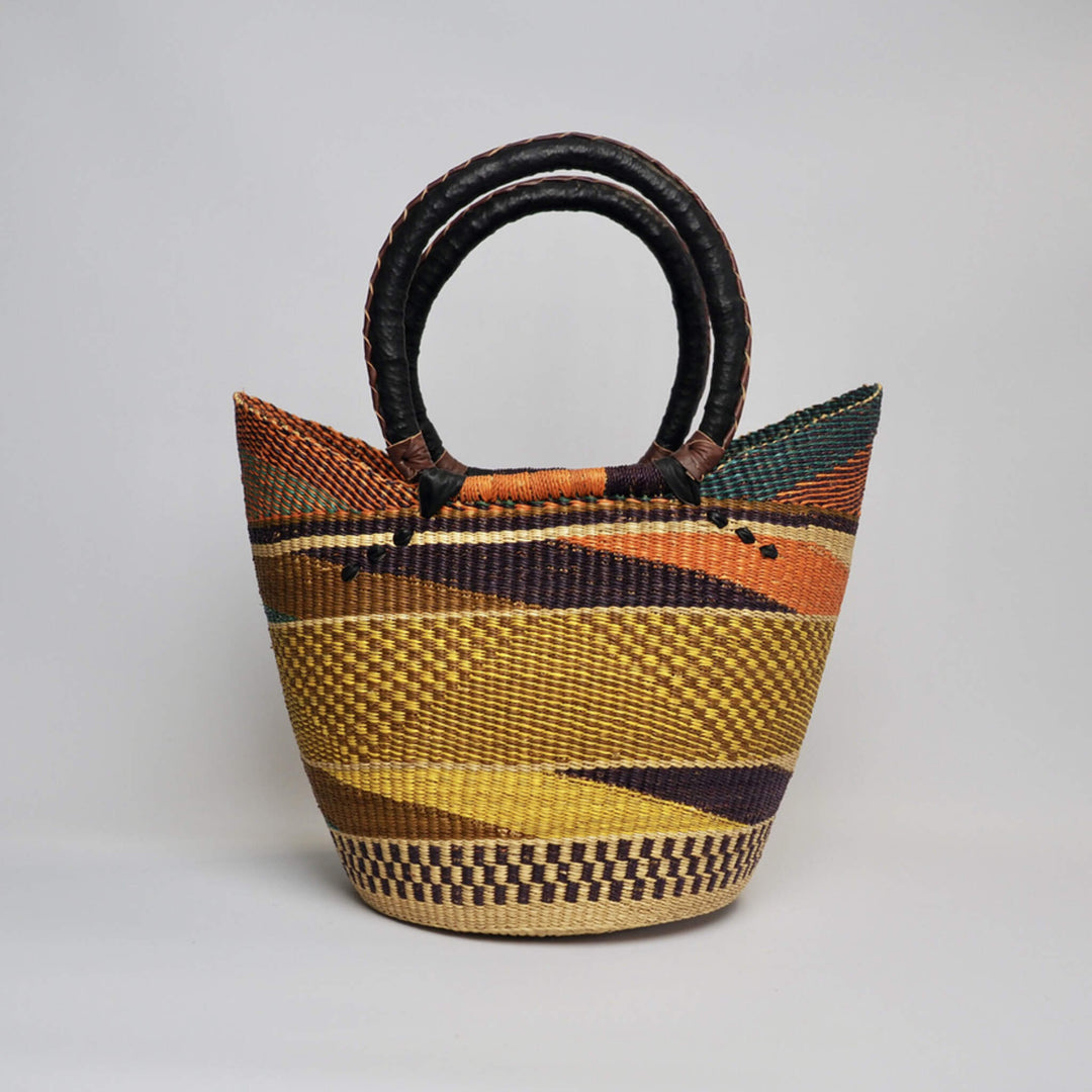 U Shopper Basket large with leather handles, in yellow orange and purple.