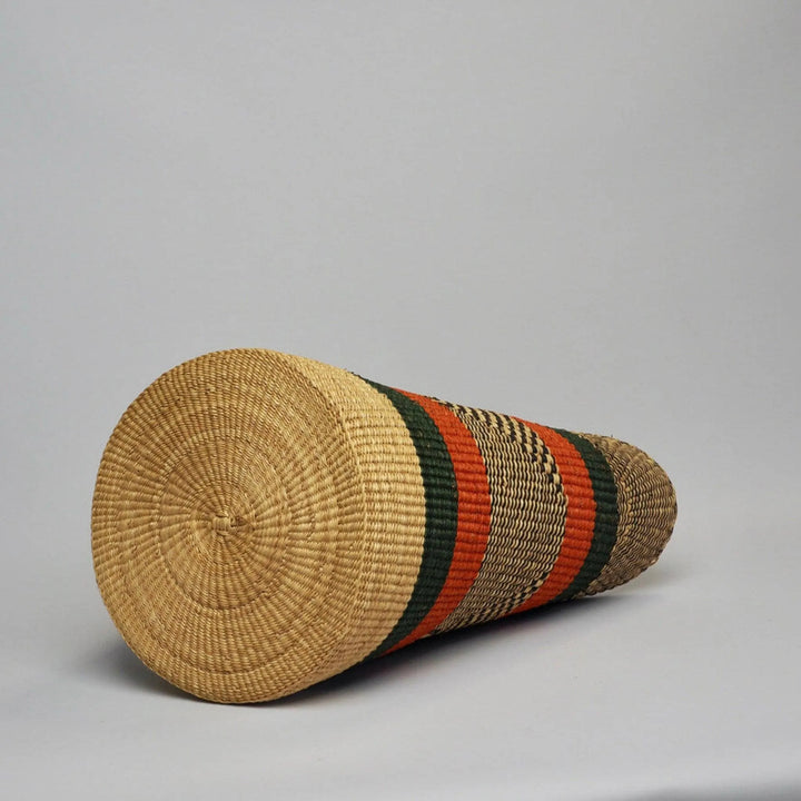 Base of Orange and green african basket, large with leather handles