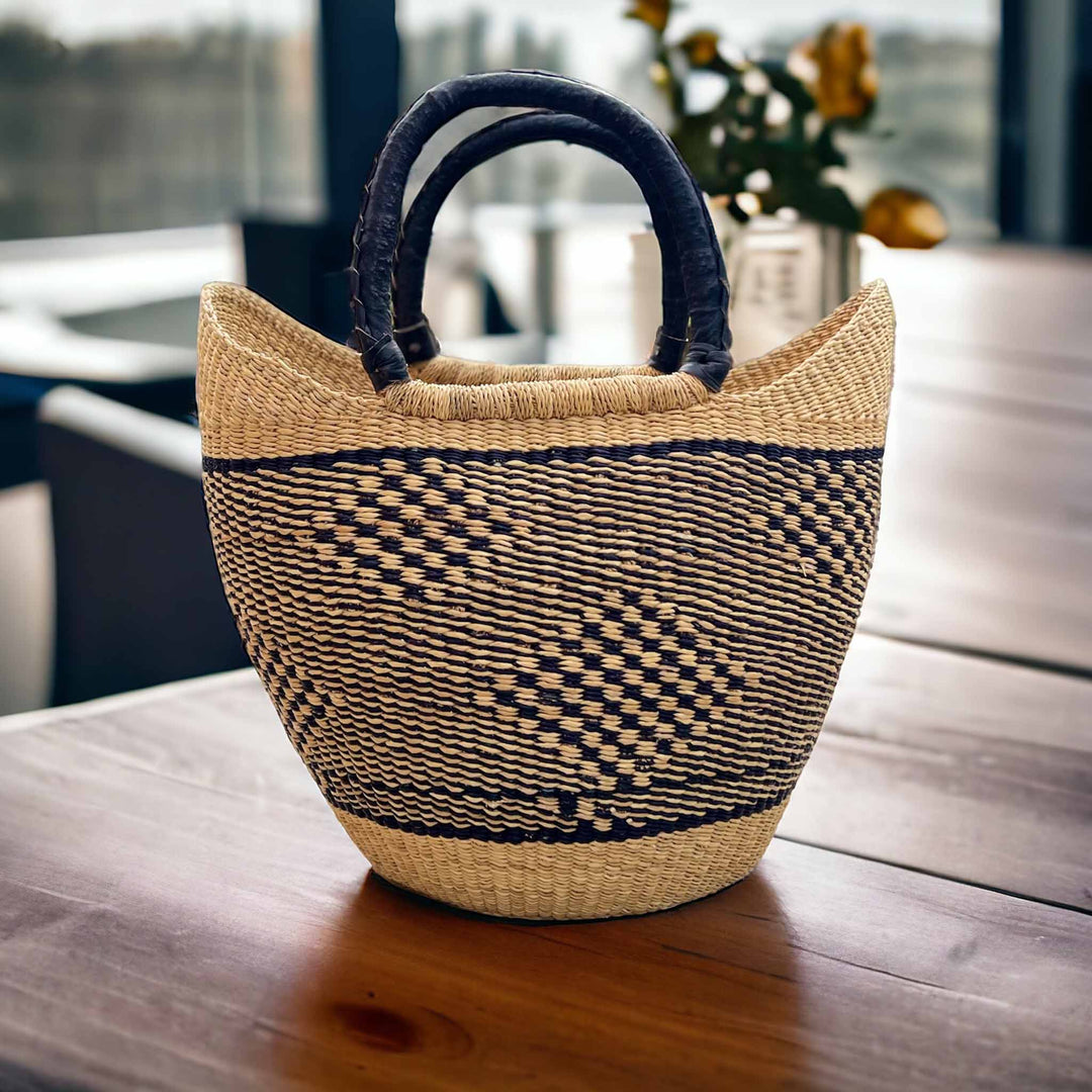 Blue Diamond Basket with Black Leather Handles on Kitchen Bench