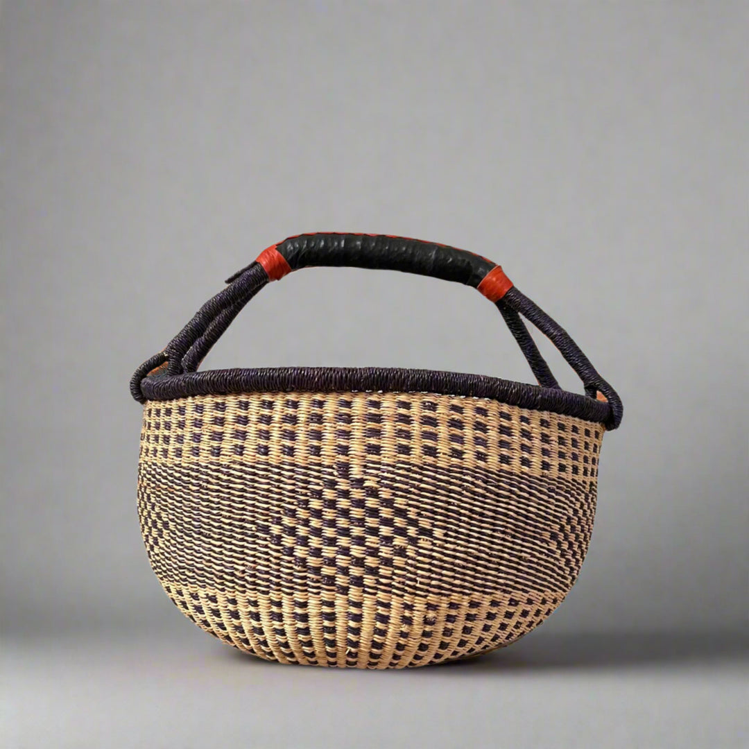 Round African basket with black leather handles