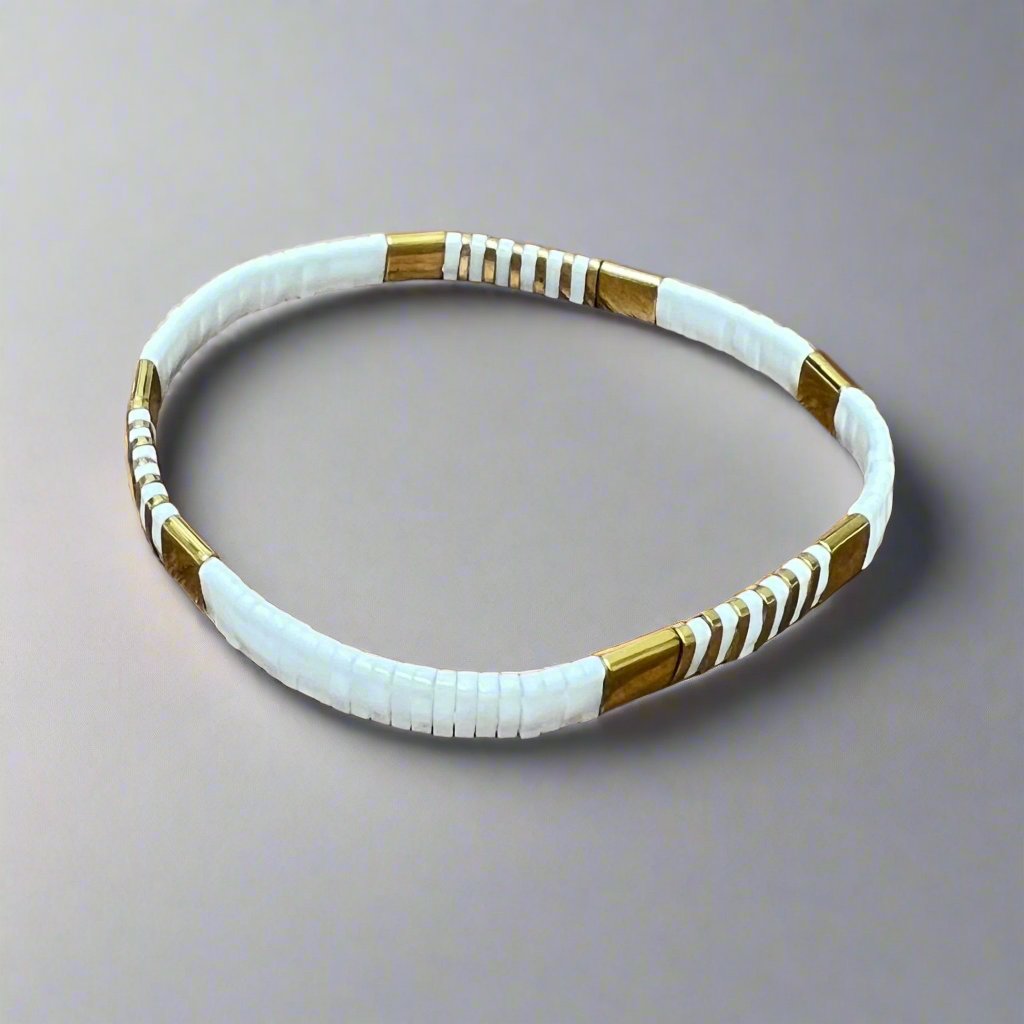 Tila bead bracelet, white and gold tones.