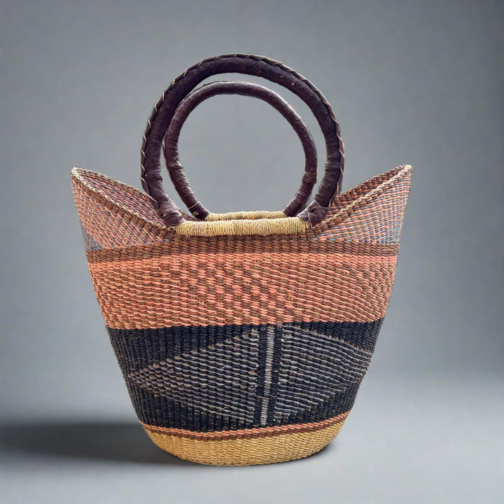 Navy, Grey, Brown & Pink, Handwoven with Sustainable Leather Trim