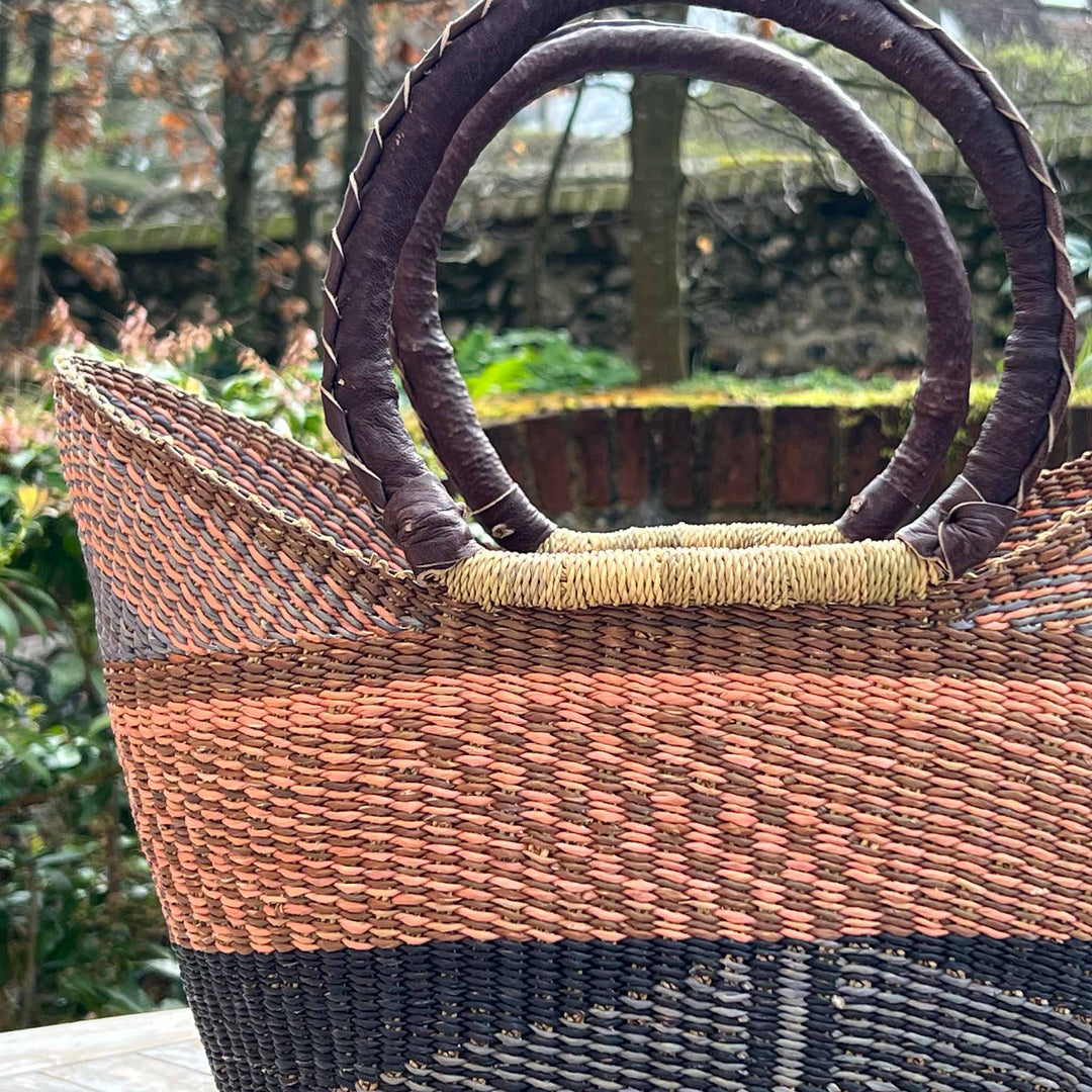 Navy, Grey, Brown & Pink, Handwoven with Sustainable Leather Trim