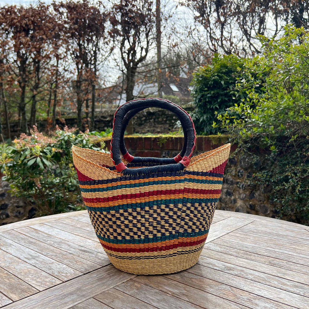 Crimson, Blue and Orange Basket with Leather Trim Handles - Small
