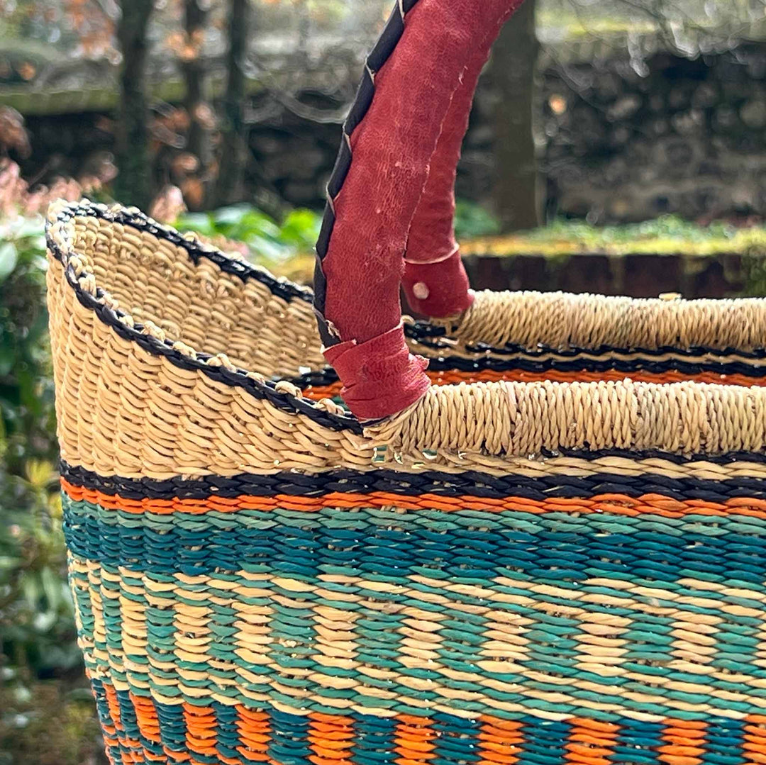 Teal and Orange Basket with Tan Leather Handles - Medium