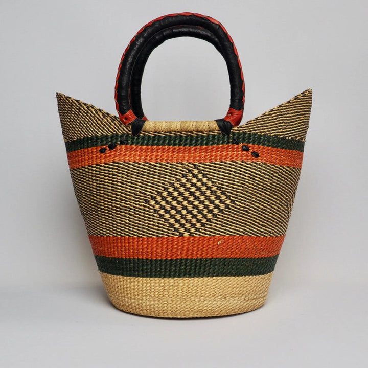 Orange and green african basket, large with leather handles