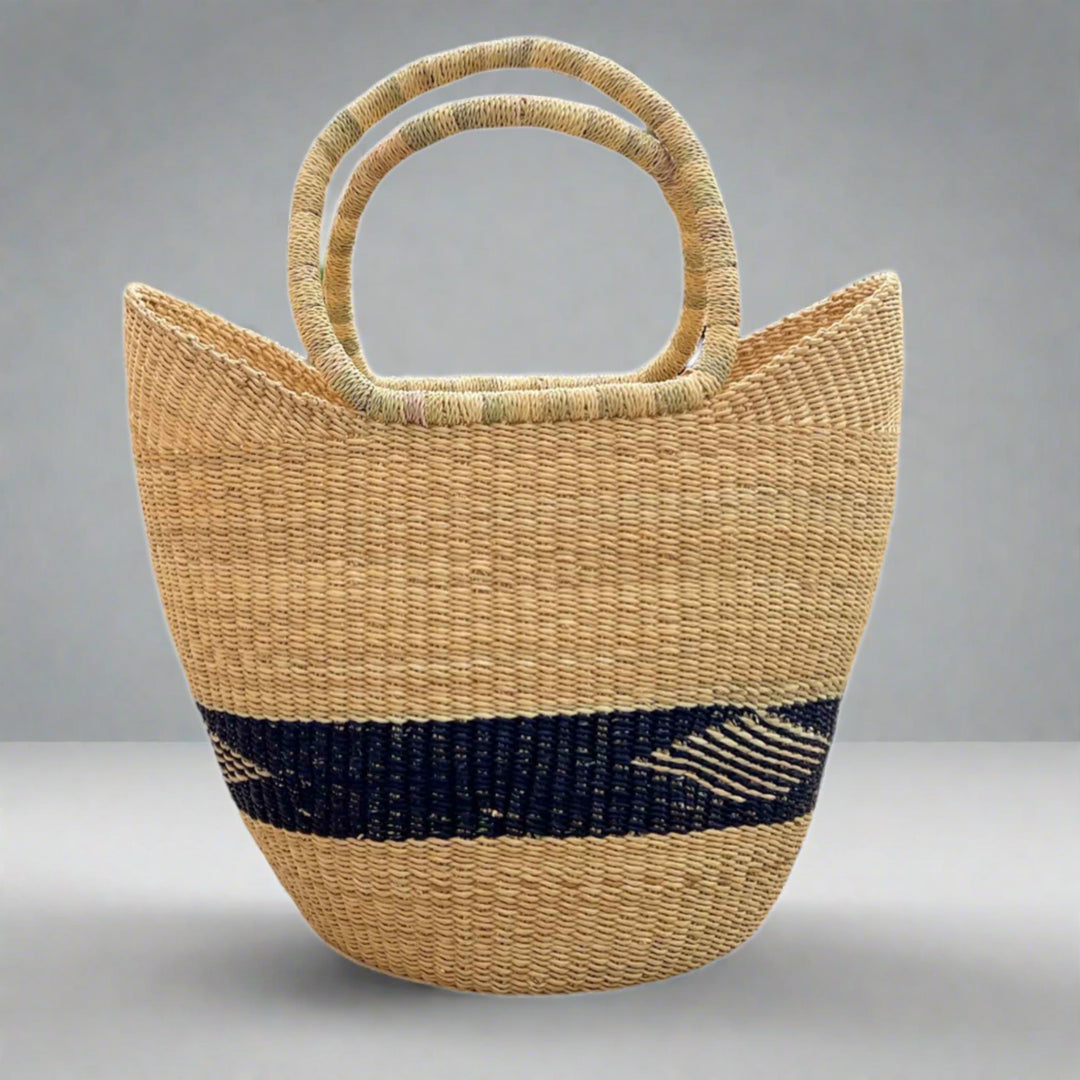 Blue & Neutral Basket - Grass Handles - Small