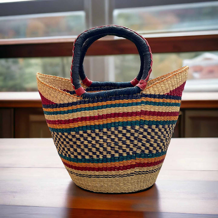Crimson, Blue and Orange Basket with Leather Trim Handles - Small
