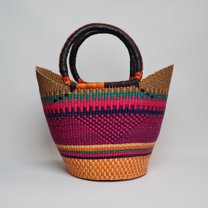 Pink Orange and Teal U Shopper Basket with Leather Handles