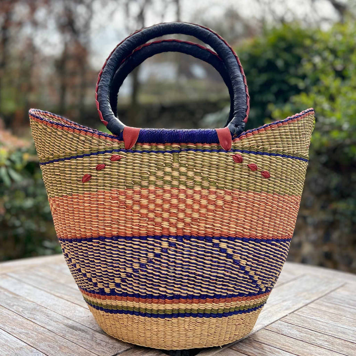 Large African Basket Blue and Green in Garden