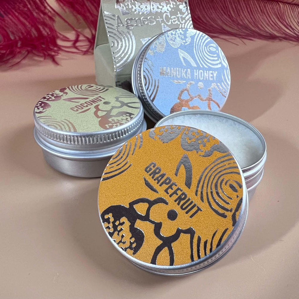 Trio of lip balm tins, Grapefruit shown with lid off