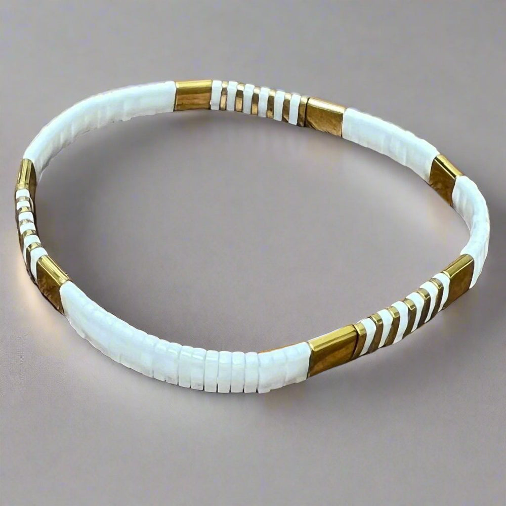 Tila bead bracelet, white and gold tones.