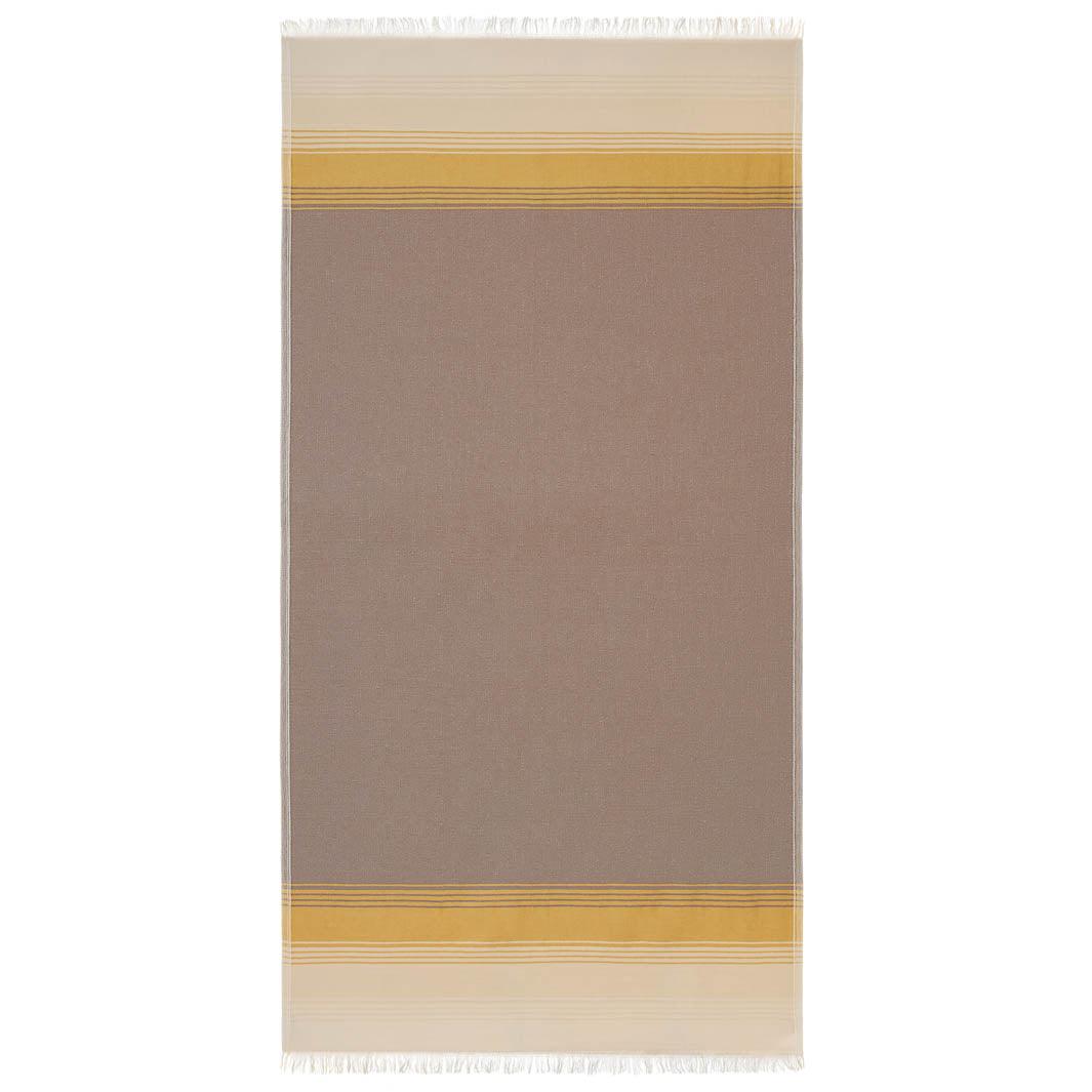Full size image of Fiesta hammam towel, shown in earthy taupe and mustard.