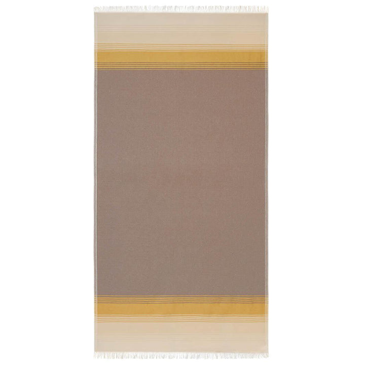 Full size image of Fiesta hammam towel, shown in earthy taupe and mustard.