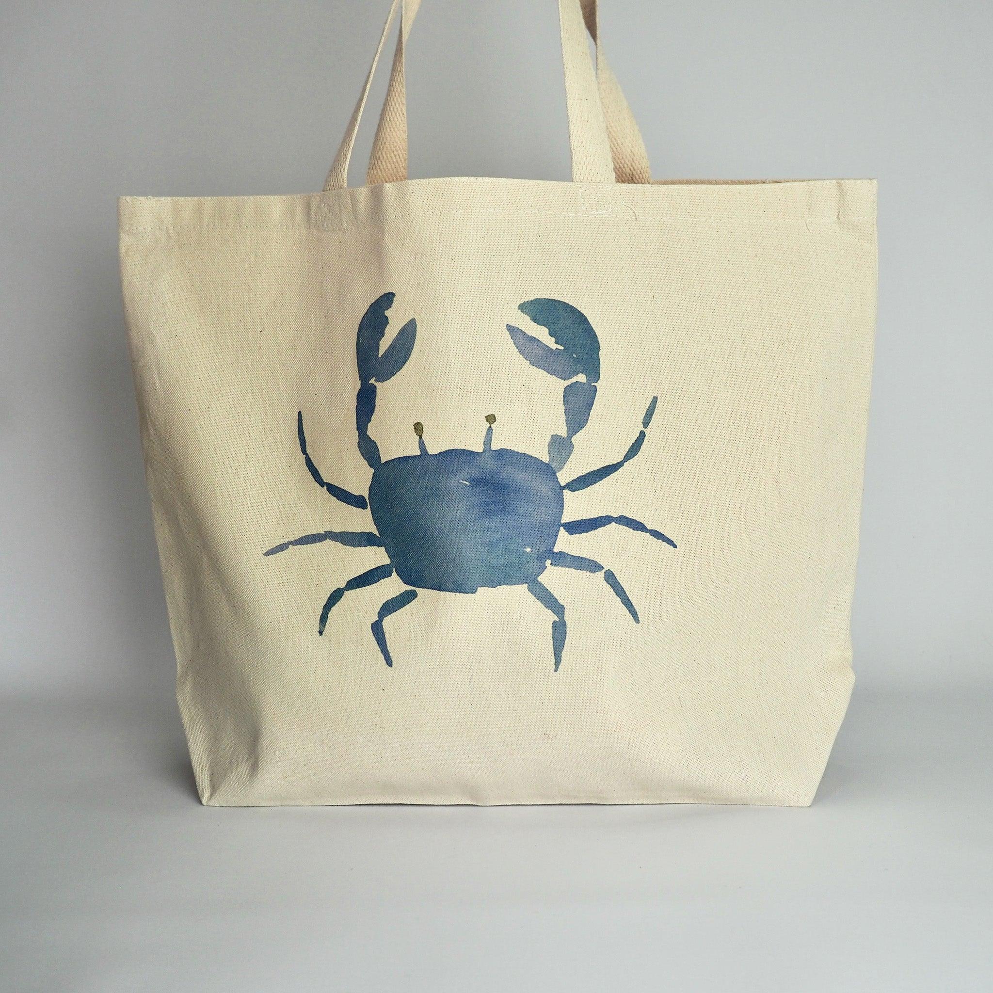 XL Canvas Tote Bag with a fun crab print design on front in blue.