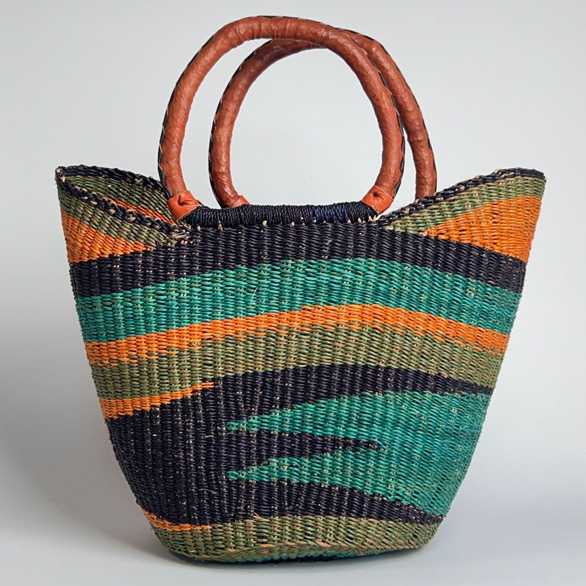 Blue, teal and orange U style African basket in a bold and striking design and with tan leather handles.