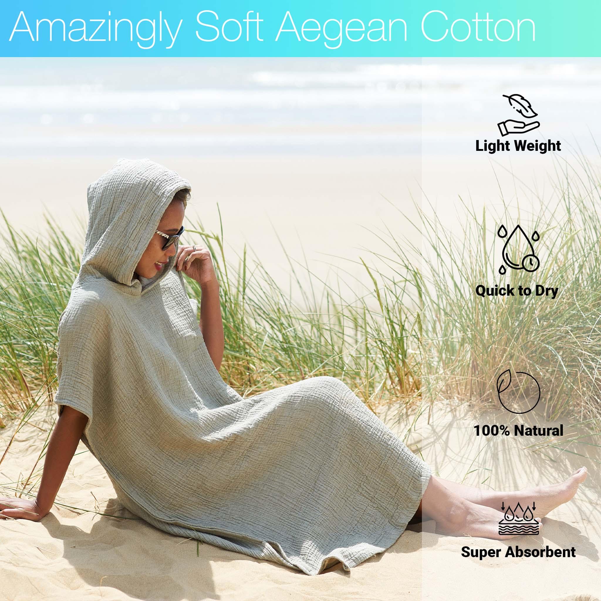 Infographic image with Lady sat at the beach wearing her Lorima beach changing robe with hood up.  The infographics highlight the robes features of being lightweight, quick to dry, 100% natural fibres and super absorbent.   