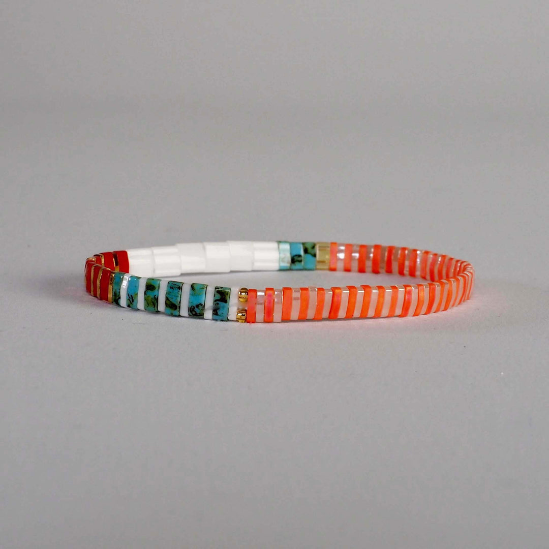 Fun colourful Miyuki Glass Bead bracelet in joyful coral, turquoise, red and white design